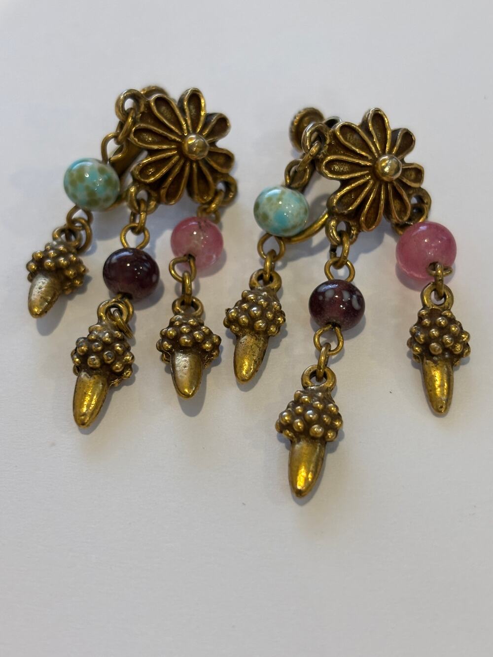Vintage Goldette Etruskan Festoon Beaded Earrings Gold Tone